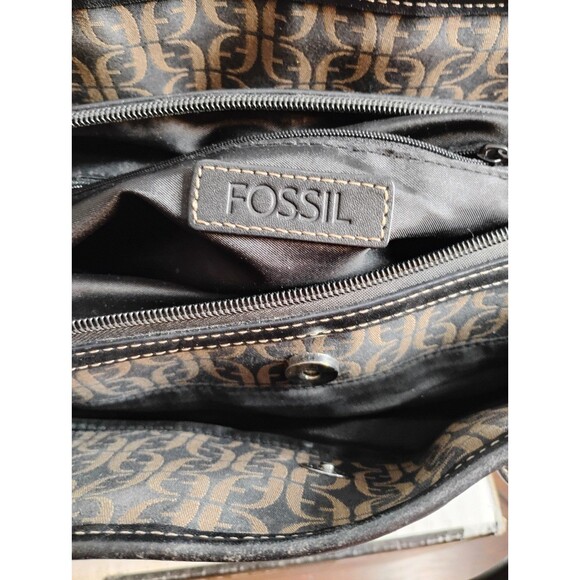 FOSSIL Signature Jacquard‎ Black Brown Leather Trim Satchel Purse - Picture 5 of 6